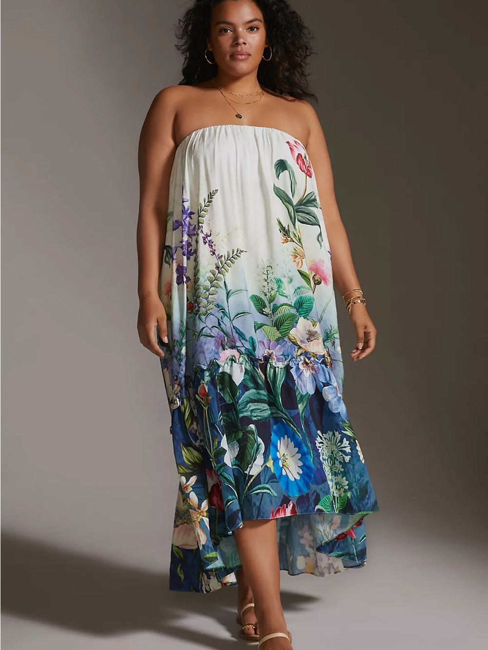 Anthropologie Strapless Floral High-Low Dress — White, Blue, Green